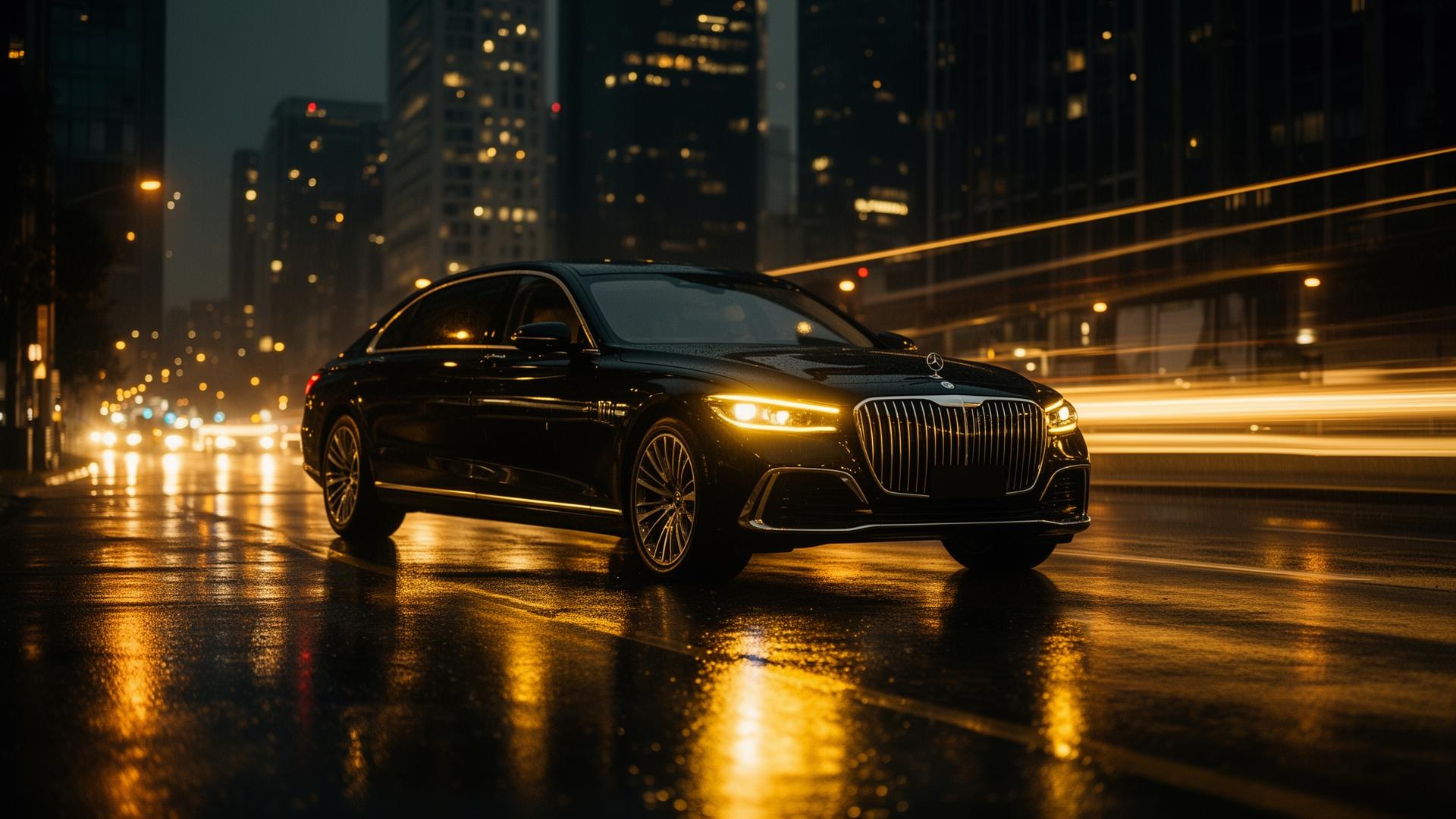 Premium black sedan on a wet city street at night